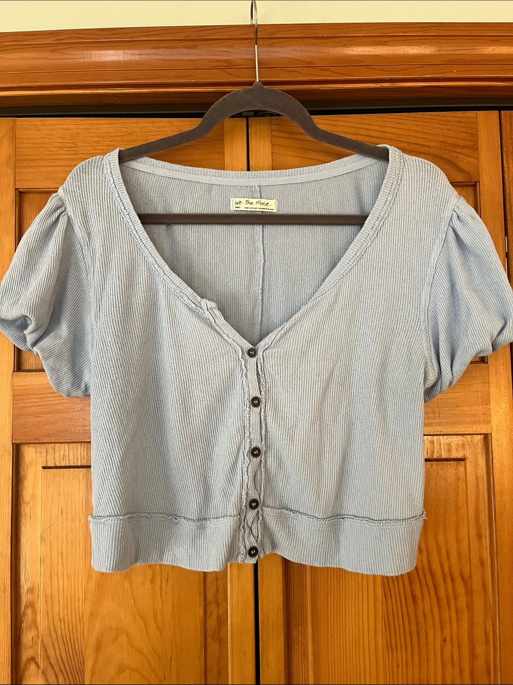 Free People Light Blue Ribbed Button-Front Crop Top
